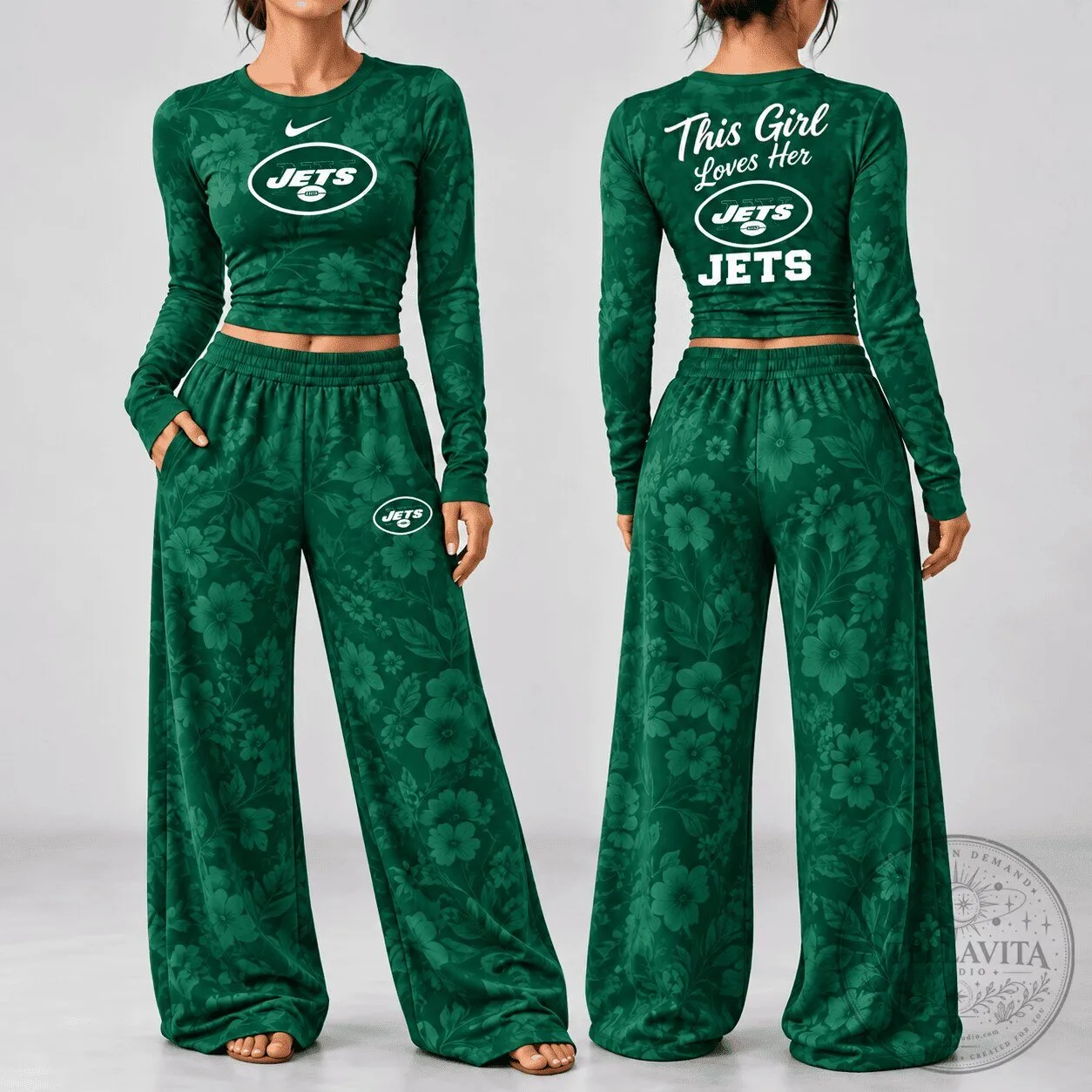New York Jets Floral Long Sleeve Shirt and Pants Set