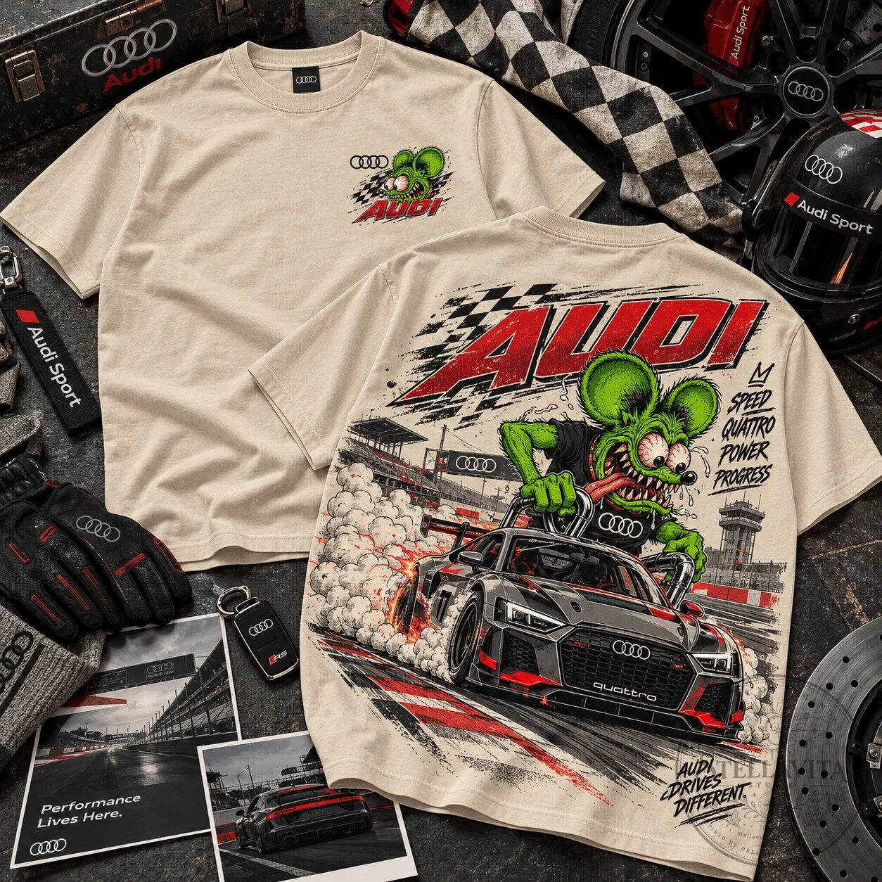 Audi Rat Fink Quattro Race Car Racing Graphic Beige Cotton T-Shirt 2 Audi Rat Fink Quattro Race Car Racing Graphic Beige Cotton T-Shirt