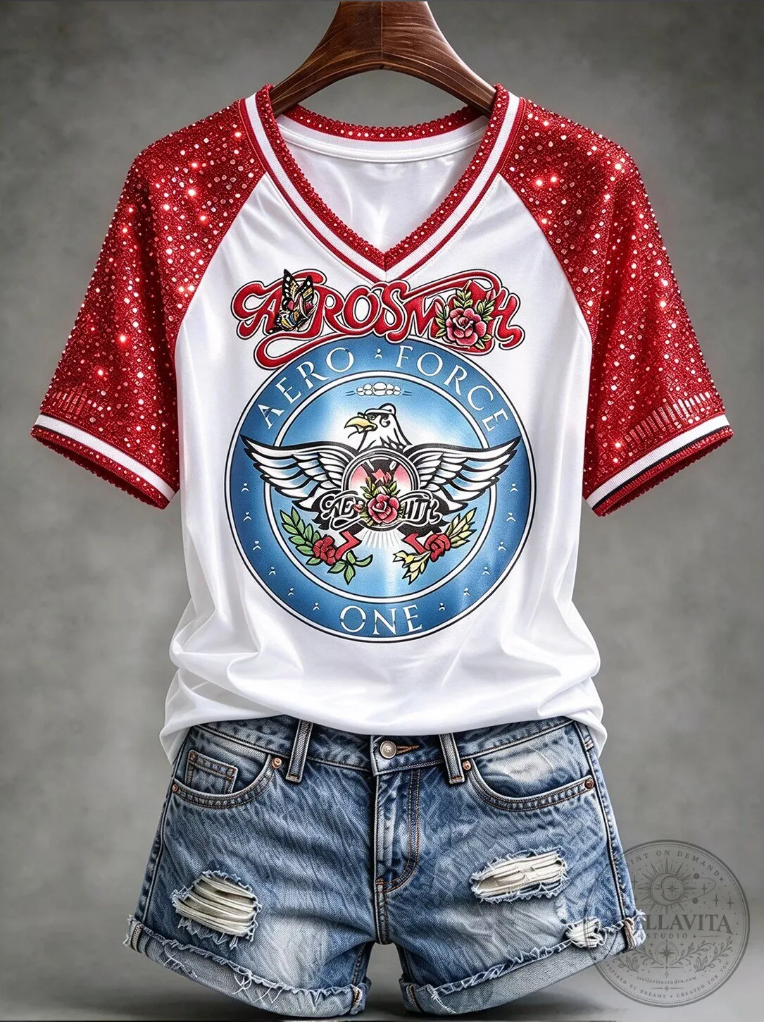 Aerosmith Aero Force One Red Glitter Raglan Sleeve V-Neck T-Shirt 5 Aerosmith Aero Force One Red Glitter Raglan Sleeve V-Neck T-Shirt