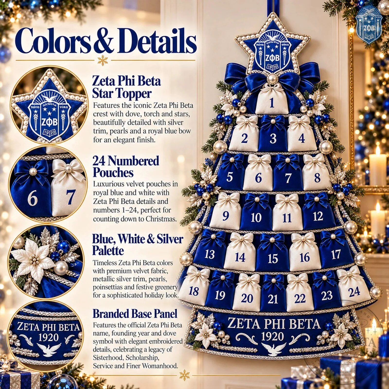 Zeta Phi Beta Christmas Tree Advent Calendar with 24 Numbered Pouches