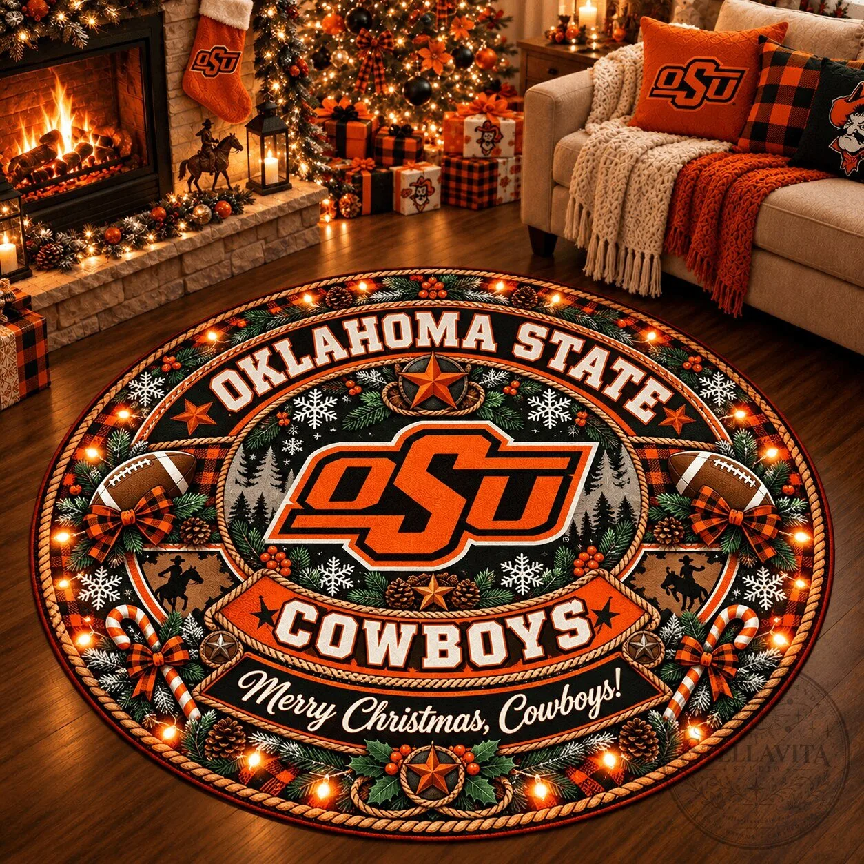 Oklahoma State Cowboys Christmas Holiday Round Rug 1 Oklahoma State Cowboys Christmas Holiday Round Rug