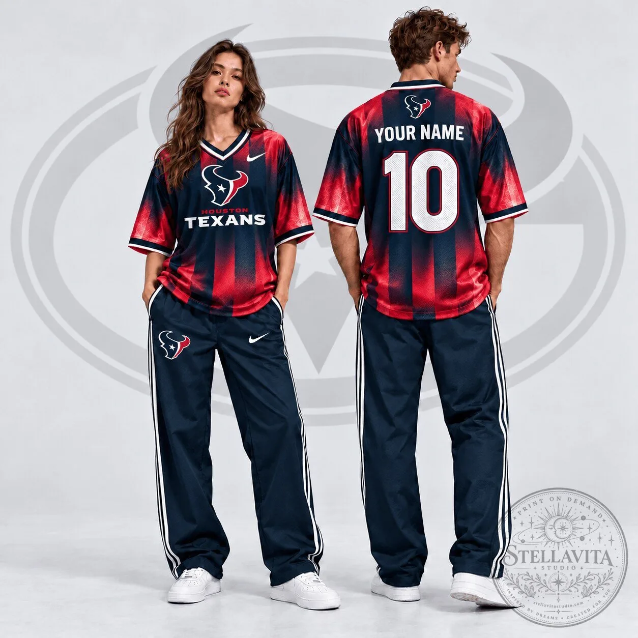 Houston Texans Custom Name Number Gradient Shadow V-Neck Football Jersey
