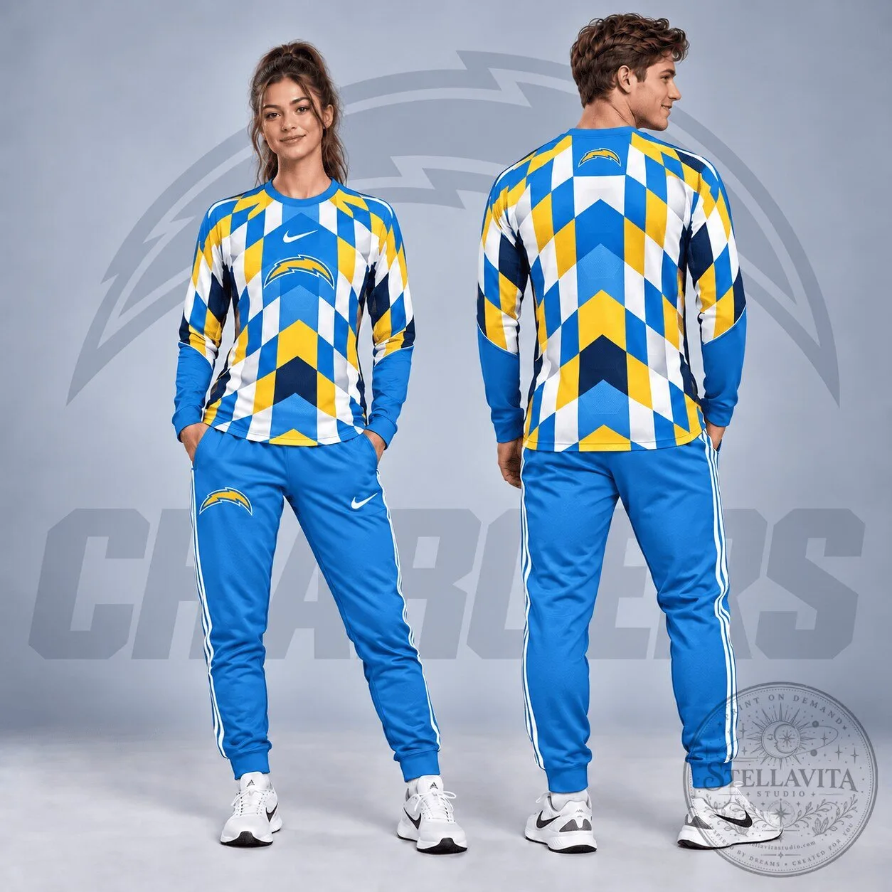 Los Angeles Chargers Geometric Pattern Long Sleeve Shirt 1 Los Angeles Chargers Geometric Pattern Long Sleeve Shirt