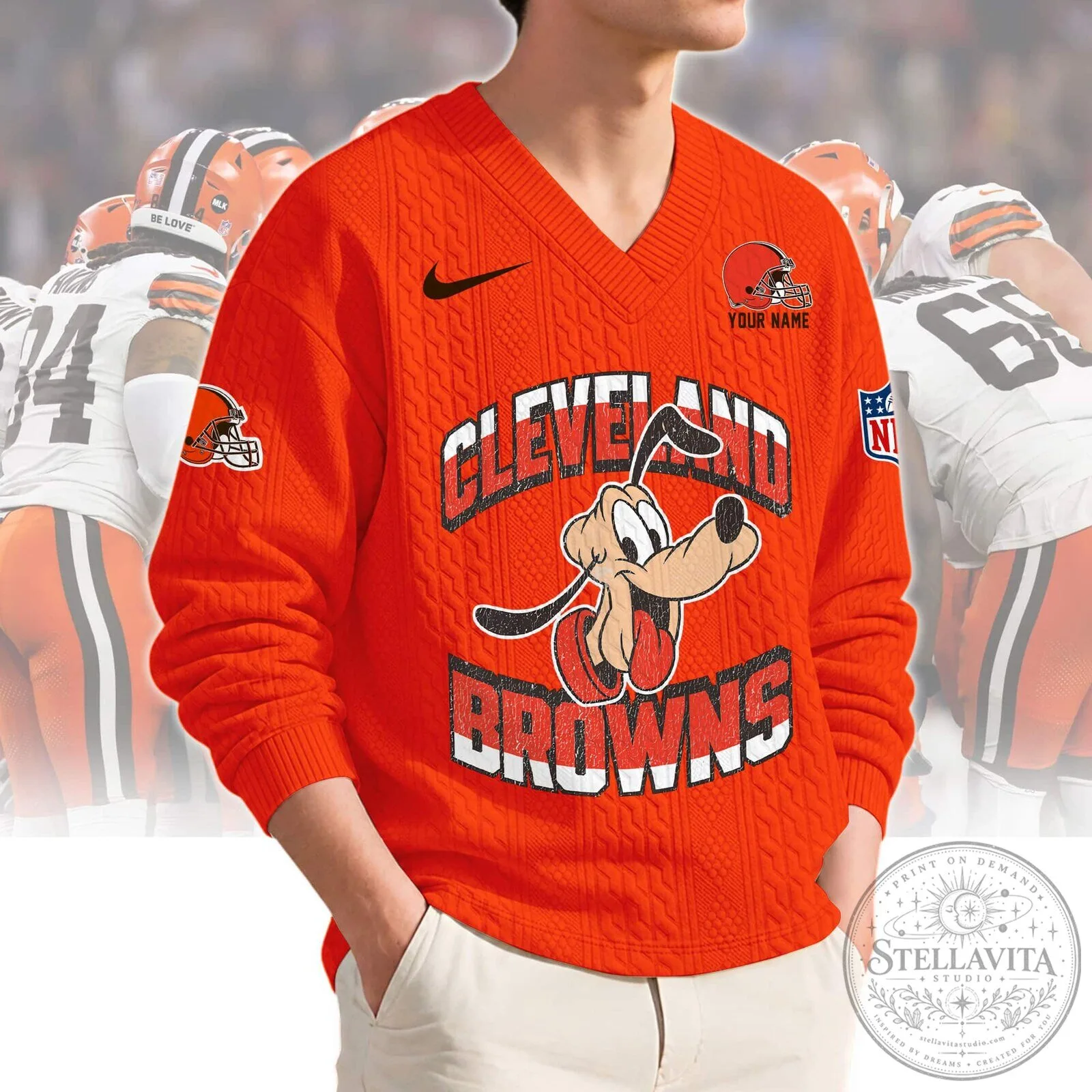 Cleveland Browns Pluto Disney Character Football Fan V-Neck Knit Sweater 2 Cleveland Browns Pluto Disney Character Football Fan V-Neck Knit Sweater