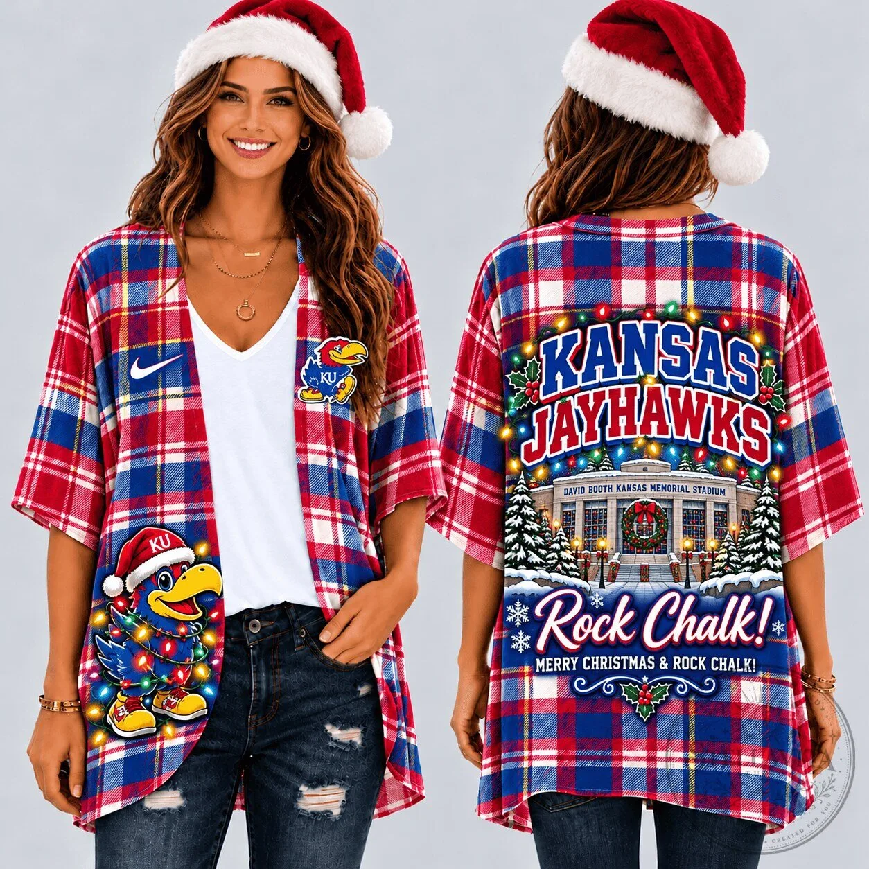 Kansas Jayhawks Christmas Plaid Rock Chalk Holiday Women's Kimono Cardigan
