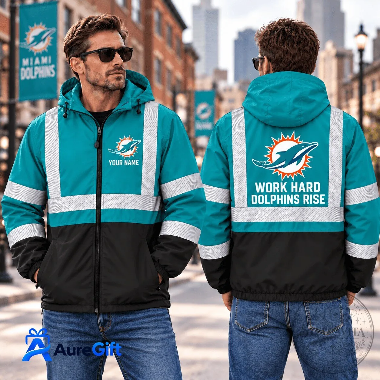 Miami Dolphins NFL Personalized Name Work Hard Dolphins Rise Jacket