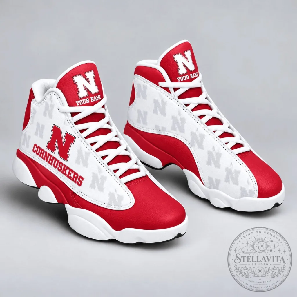 Nebraska Cornhuskers Personalized Red and White High Top Athletic Shoes Nebraska Cornhuskers Personalized Red and White High Top Athletic Shoes