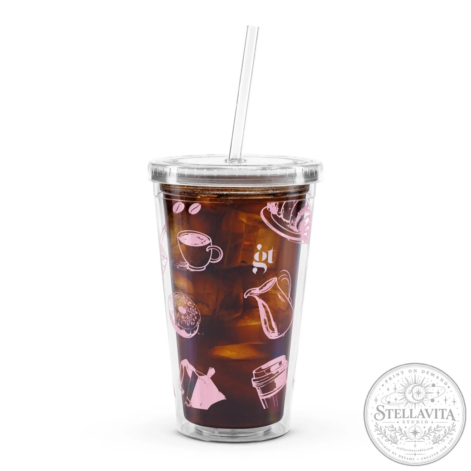 Coffee Icons Clear Plastic Tumbler with Straw and Lid 5 Coffee Icons Clear Plastic Tumbler with Straw and Lid