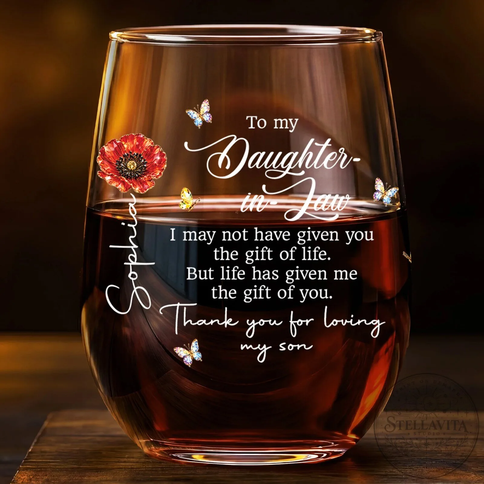 Personalized Daughter-in-Law Wine Glass with Birth Month Flower and Butterflies