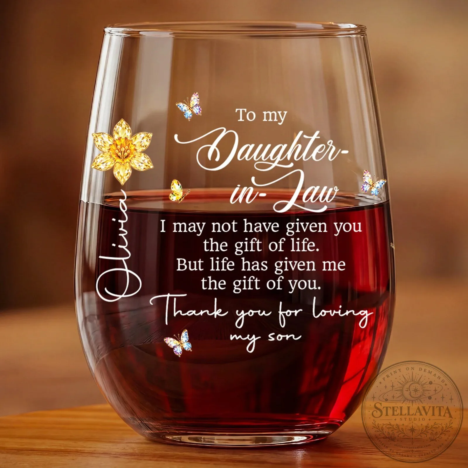 Personalized Daughter-in-Law Wine Glass with Birth Month Flower and Butterflies 7 Personalized Daughter-in-Law Wine Glass with Birth Month Flower and Butterflies