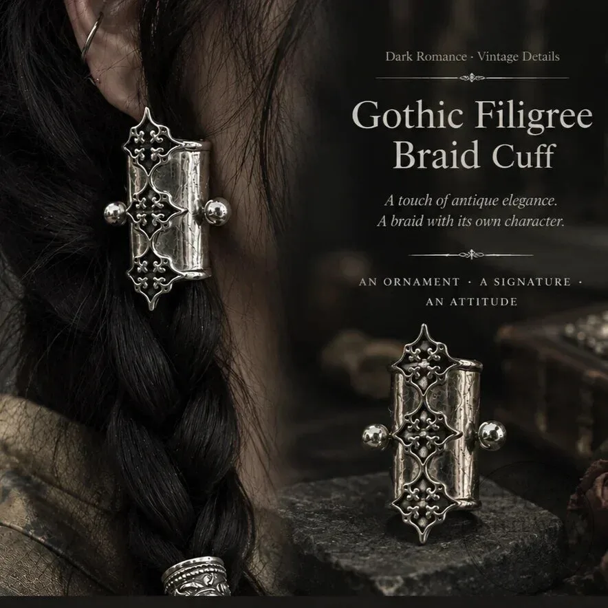 Gothic Filigree Braid Cuff, Vintage Antique Silver Hair Jewelry Accent