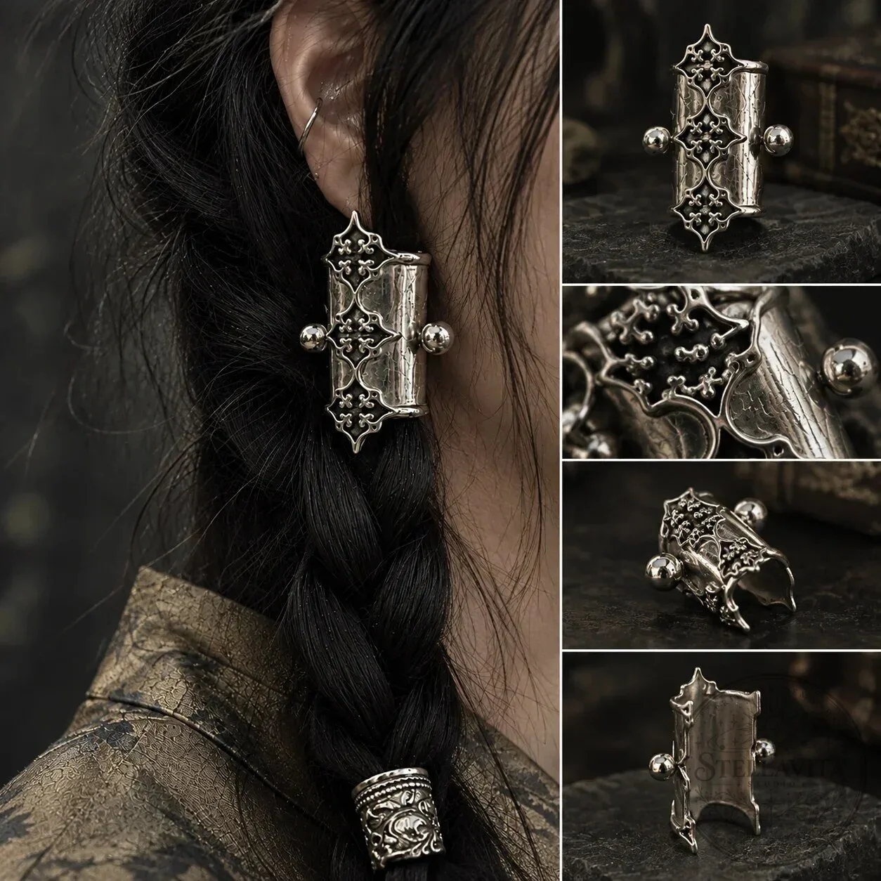 Gothic Filigree Braid Cuff, Vintage Antique Silver Hair Jewelry Accent 10 Gothic Filigree Braid Cuff, Vintage Antique Silver Hair Jewelry Accent