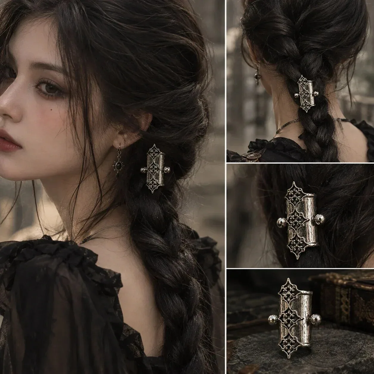 Gothic Filigree Braid Cuff, Vintage Antique Silver Hair Jewelry Accent 11 Gothic Filigree Braid Cuff, Vintage Antique Silver Hair Jewelry Accent