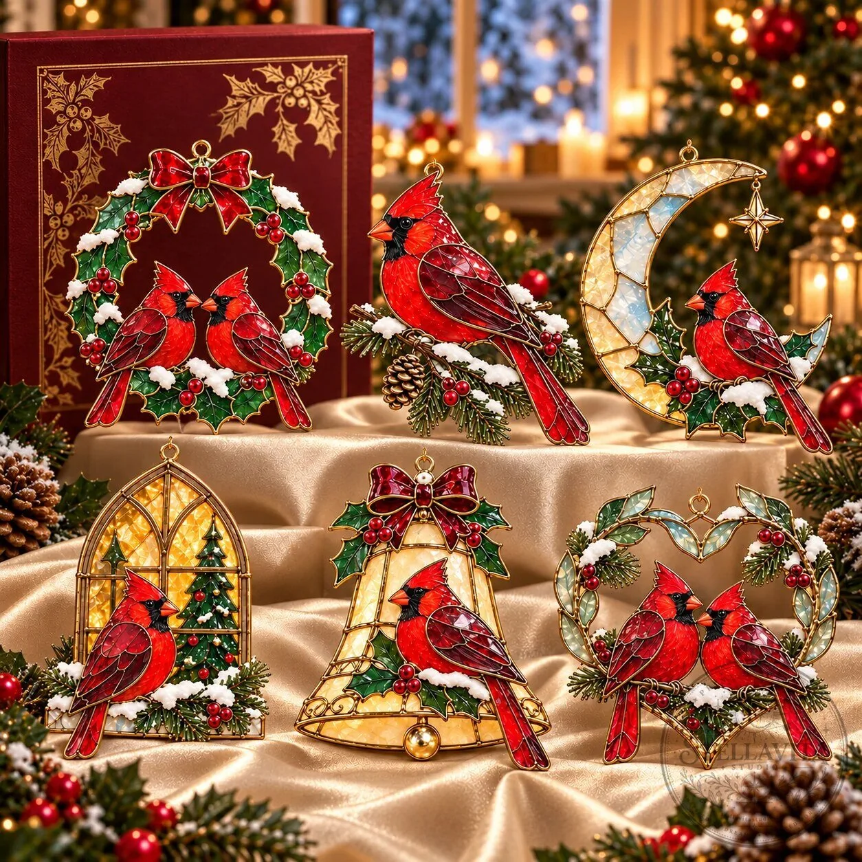 Christmas Cardinal Stained Glass Style Holiday Tree Ornaments Set