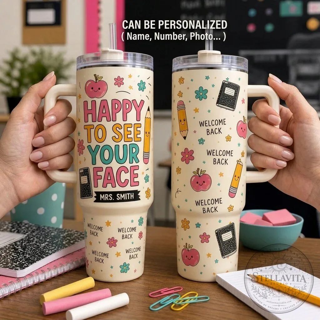 Personalized Happy To See Your Face Teacher Appreciation 40oz Tumbler with Handle 1 Personalized Happy To See Your Face Teacher Appreciation 40oz Tumbler with Handle