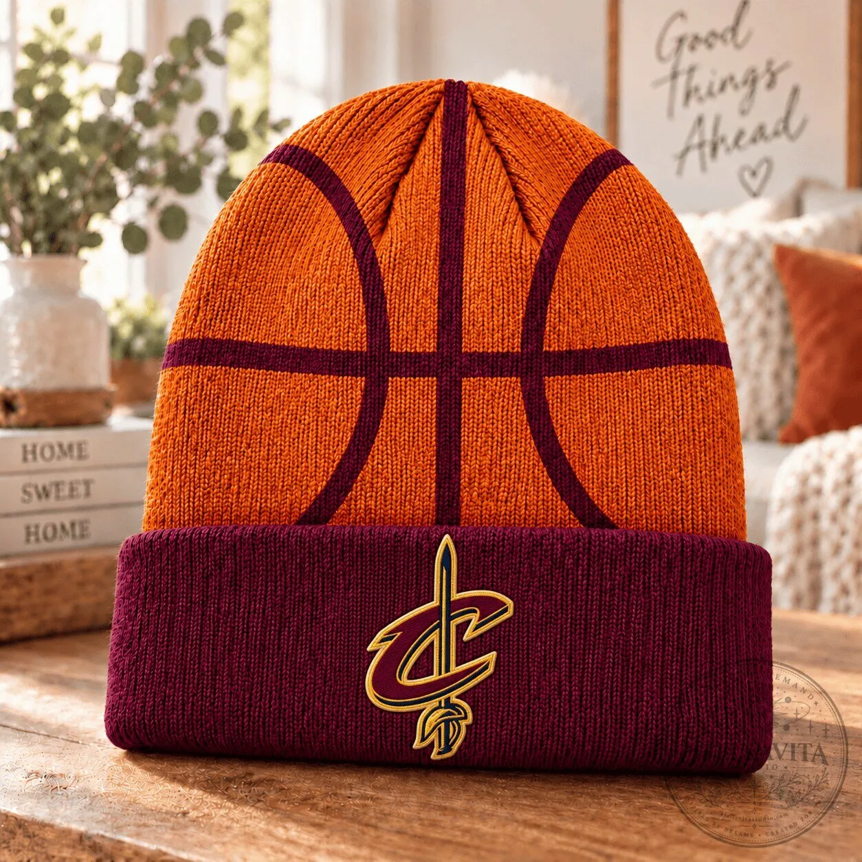 Cleveland Cavaliers NBA Basketball Logo Orange and Wine Red Beanie Hat