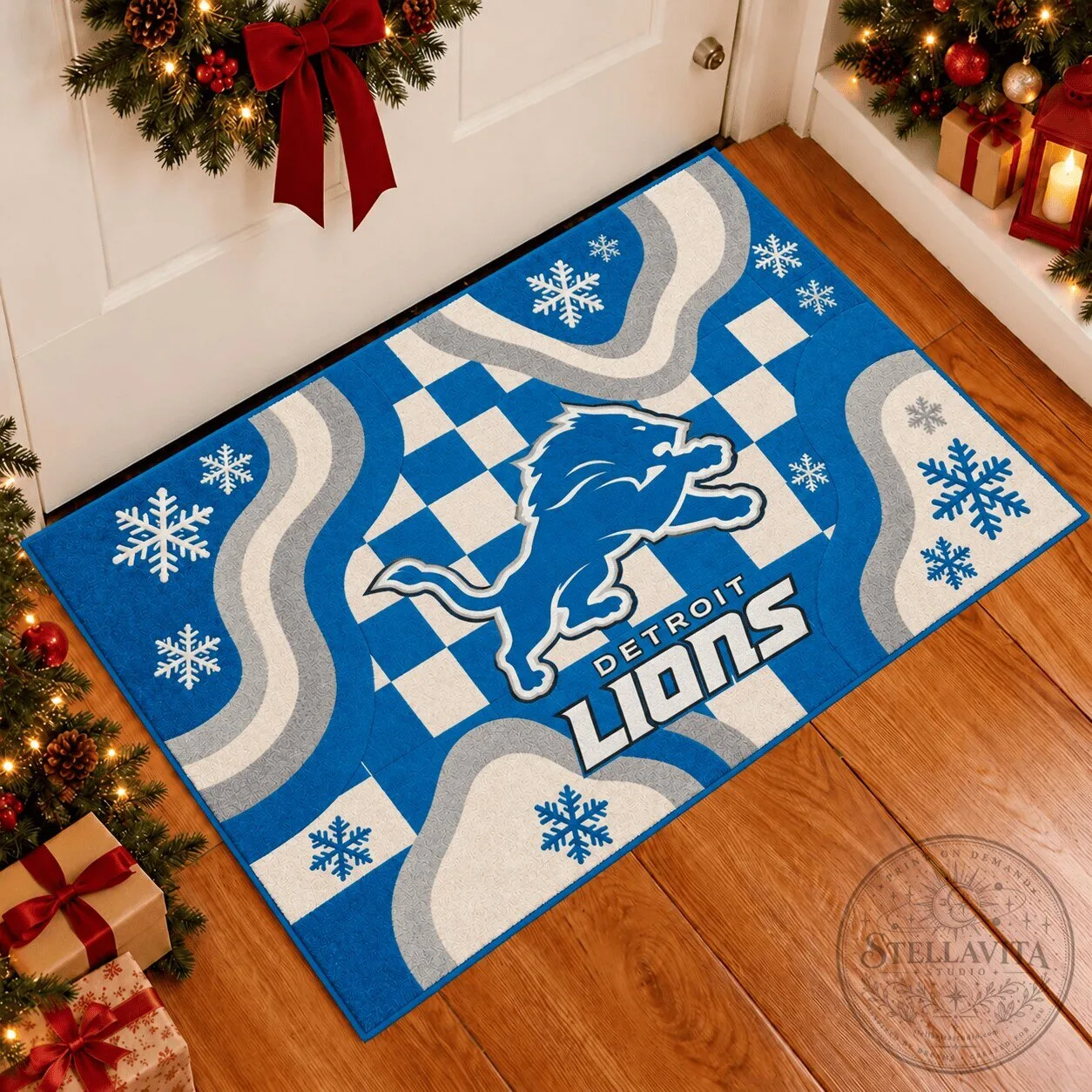 Detroit Lions Christmas Snowflake Checkerboard NFL Team Doormat