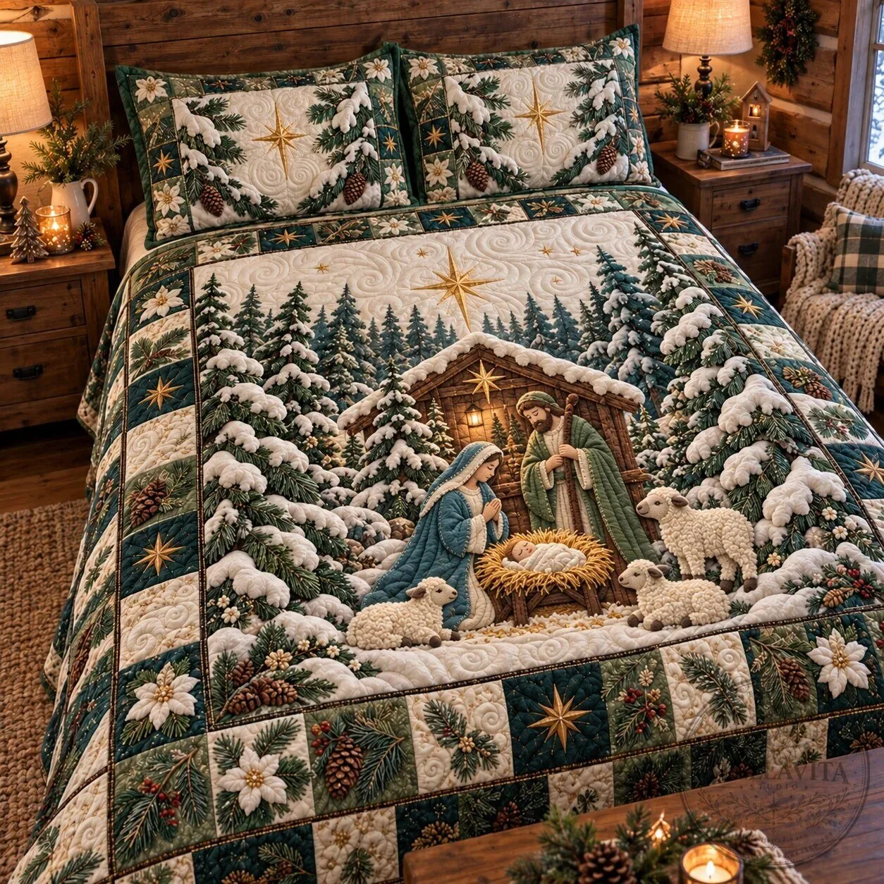 Snowy Pine Nativity Scene Christmas Quilted Bedding Set