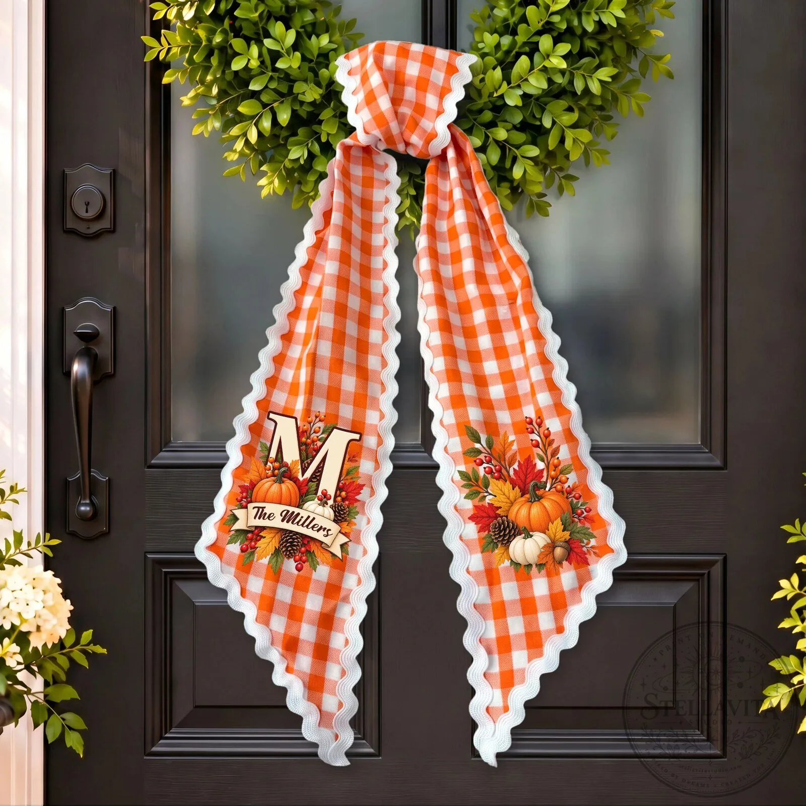 Personalized Fall Monogram Wreath Sash with Pumpkins and Autumn Leaves