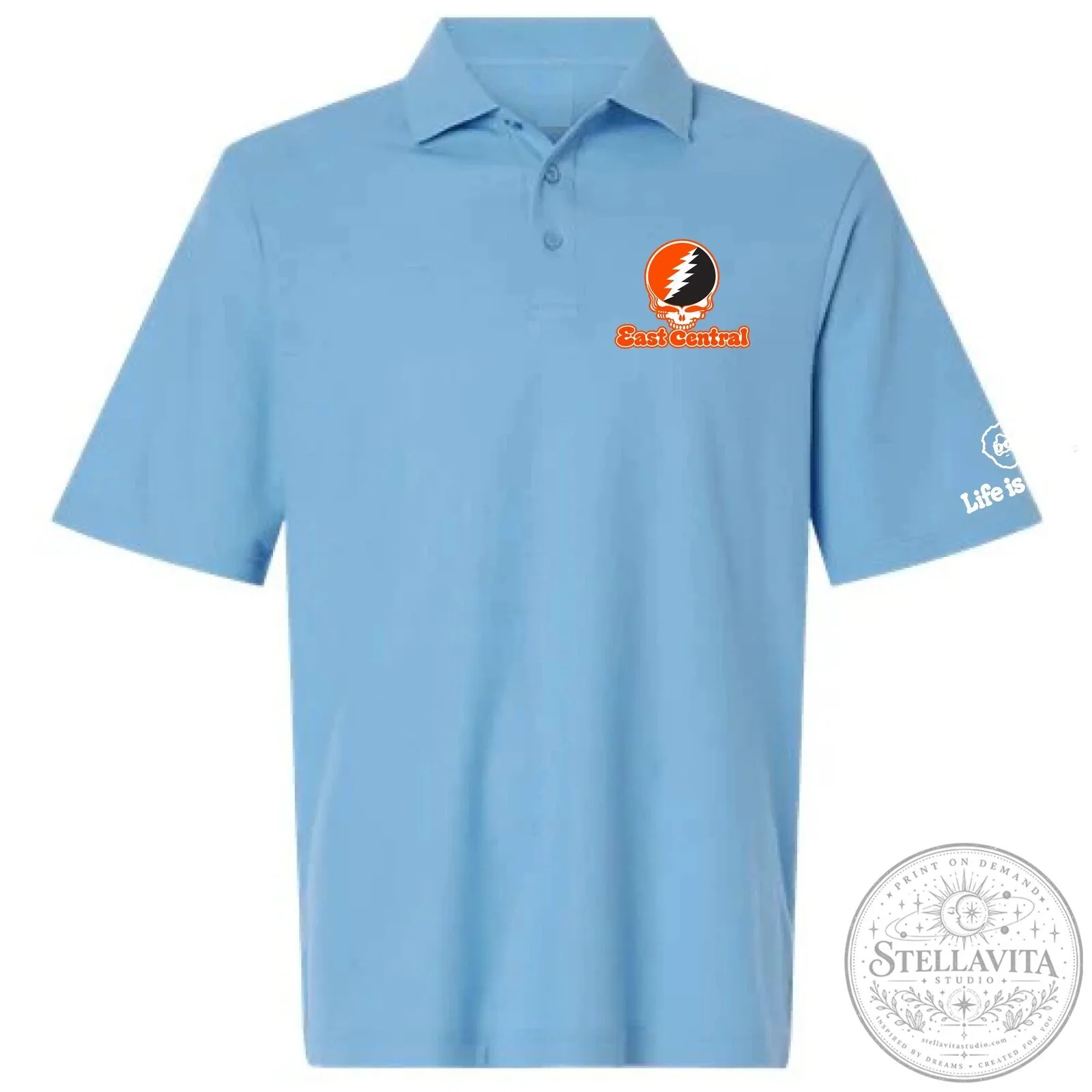 East Central Grateful Dead Steal Your Face Skull Light Blue Polo Shirt 4 East Central Grateful Dead Steal Your Face Skull Light Blue Polo Shirt