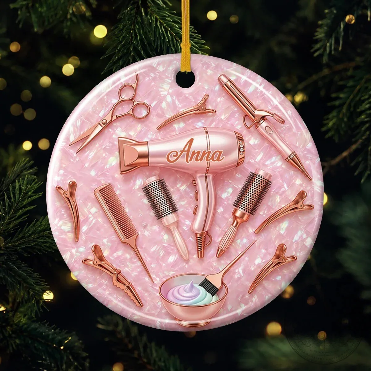 Personalized Hair Stylist Tools Rose Gold Glitter Round Christmas Tree Ornament
