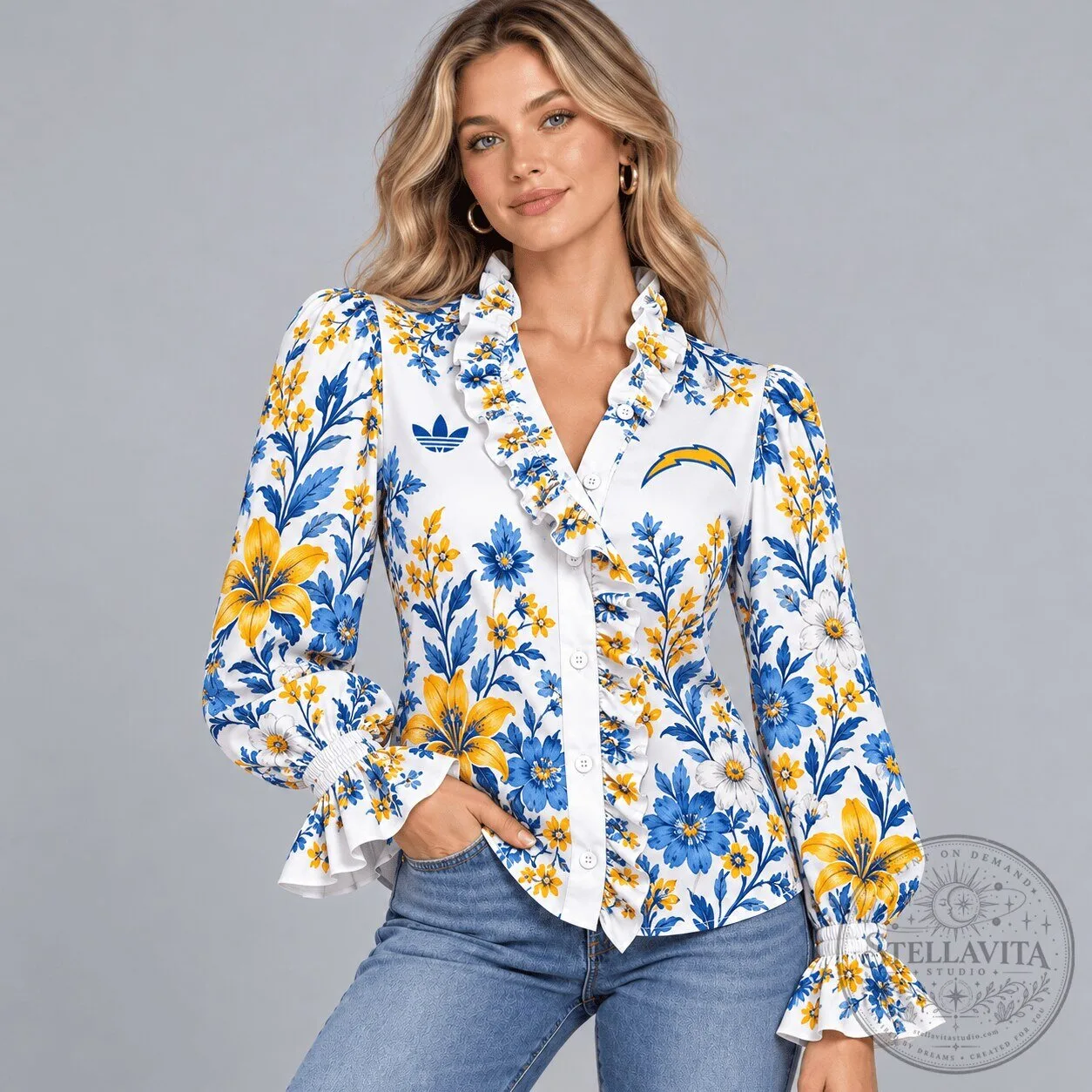 Los Angeles Chargers Floral Ruffle Neck Long Sleeve Button Down Blouse 3 Los Angeles Chargers Floral Ruffle Neck Long Sleeve Button Down Blouse
