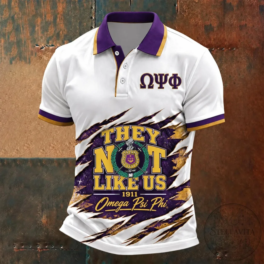 Gold and Purple Polo Shirt Featuring They Not Like Us for Omega Psi Phi Fraternity Gold and Purple Polo Shirt Featuring They Not Like Us for Omega Psi Phi Fraternity