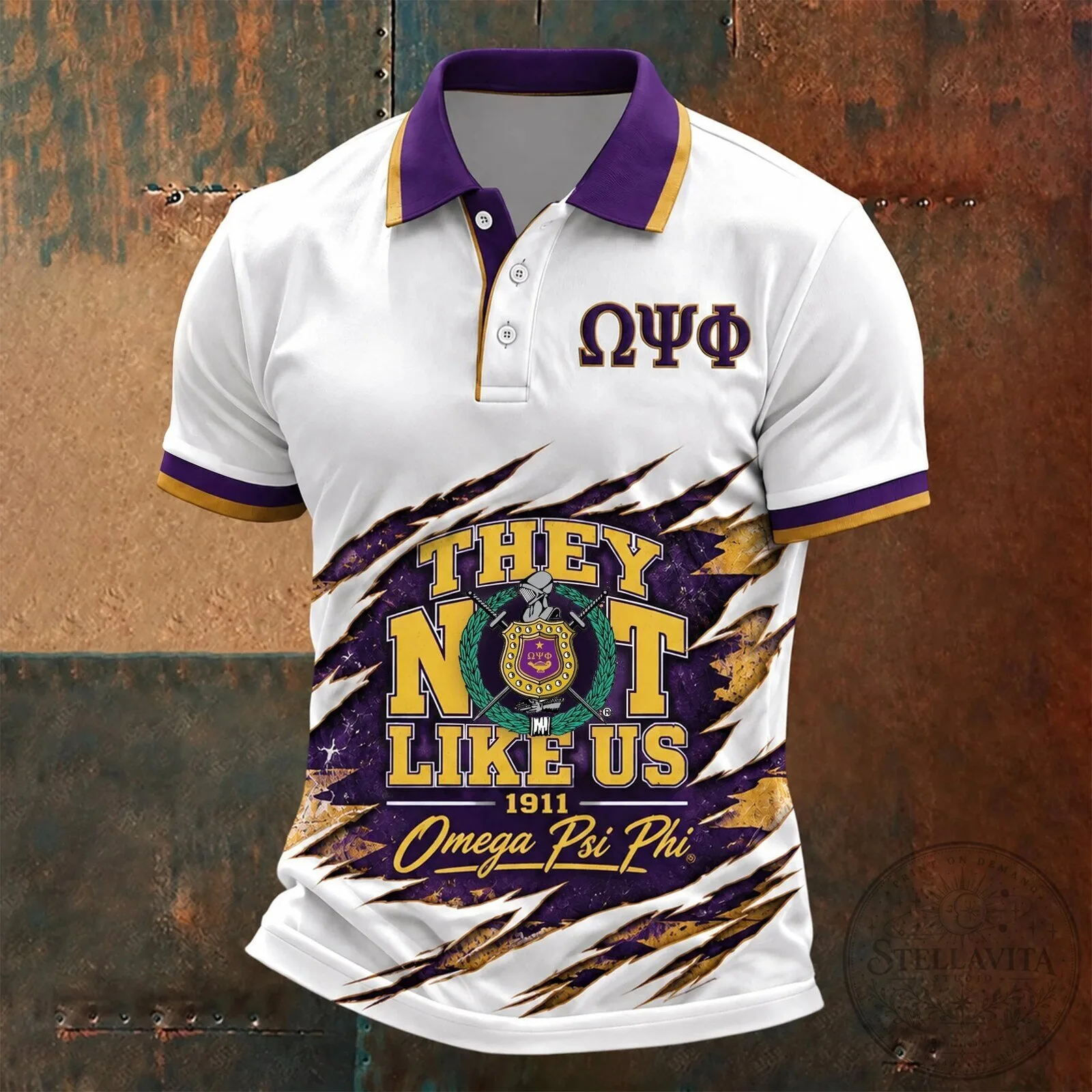 Gold and Purple Polo Shirt Featuring They Not Like Us for Omega Psi Phi Fraternity 6 Gold and Purple Polo Shirt Featuring They Not Like Us for Omega Psi Phi Fraternity