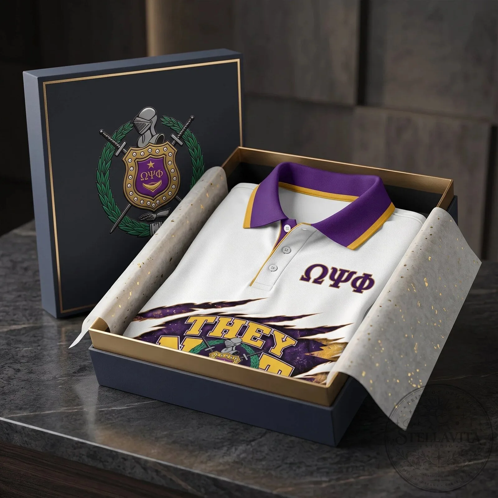 Gold and Purple Polo Shirt Featuring They Not Like Us for Omega Psi Phi Fraternity 7 Gold and Purple Polo Shirt Featuring They Not Like Us for Omega Psi Phi Fraternity
