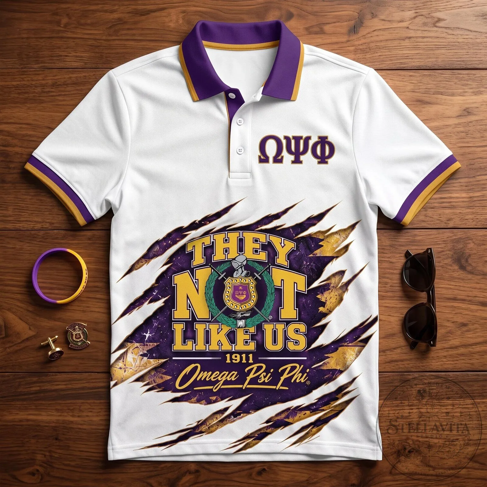 Gold and Purple Polo Shirt Featuring They Not Like Us for Omega Psi Phi Fraternity 8 Gold and Purple Polo Shirt Featuring They Not Like Us for Omega Psi Phi Fraternity