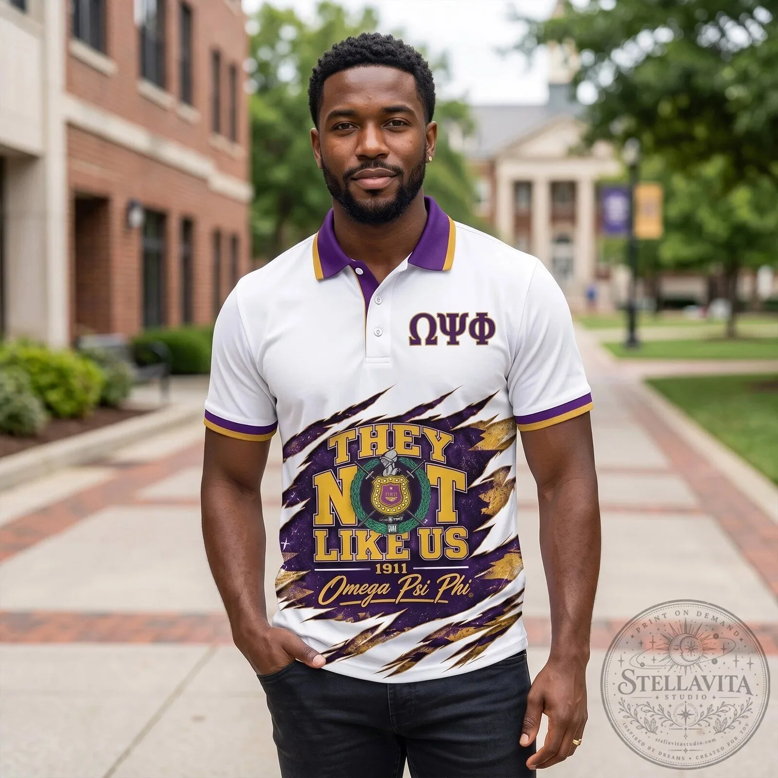 Gold and Purple Polo Shirt Featuring They Not Like Us for Omega Psi Phi Fraternity 9 Gold and Purple Polo Shirt Featuring They Not Like Us for Omega Psi Phi Fraternity