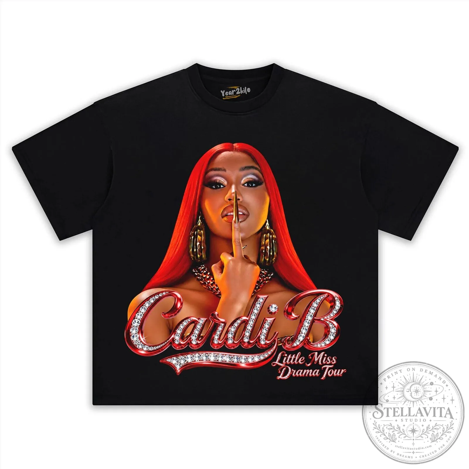 Cardi B Little Miss Drama Tour Graphic Tee with Red Hair Design