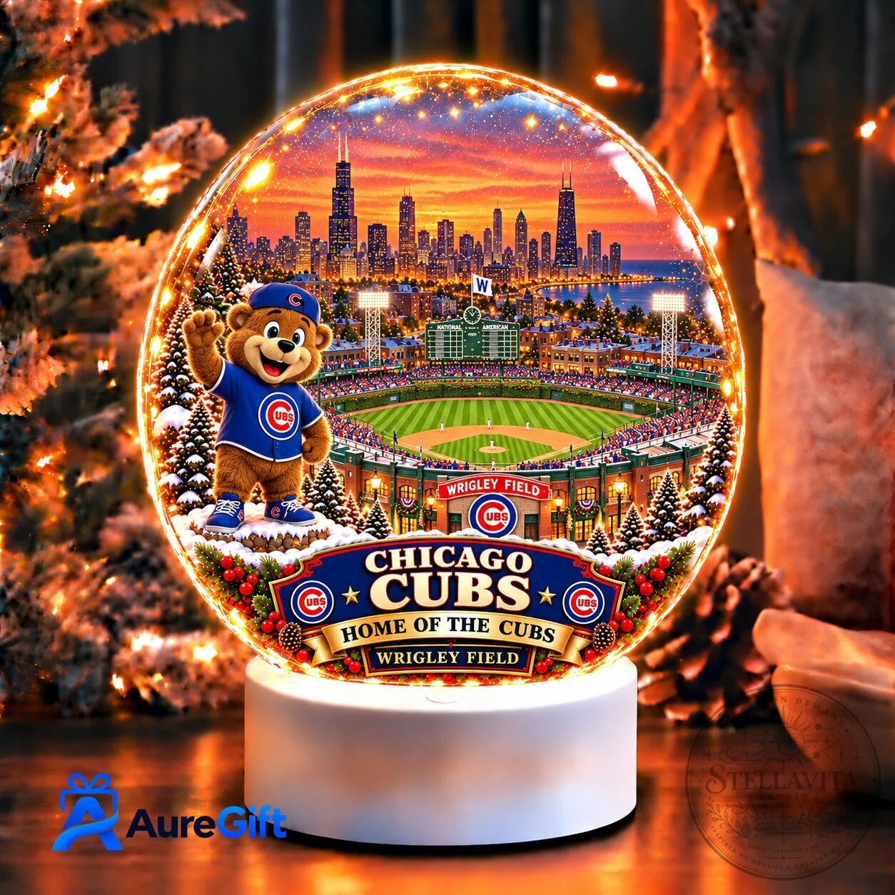 Chicago Cubs Wrigley Field Baseball Stadium Christmas Night Light