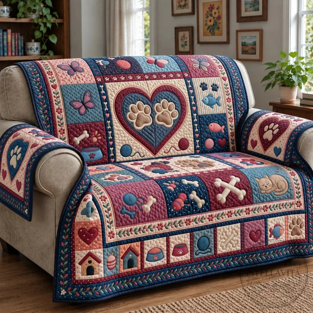 Heart Paw Print Quilted Sofa Cover for Pet Lovers Heart Paw Print Quilted Sofa Cover for Pet Lovers