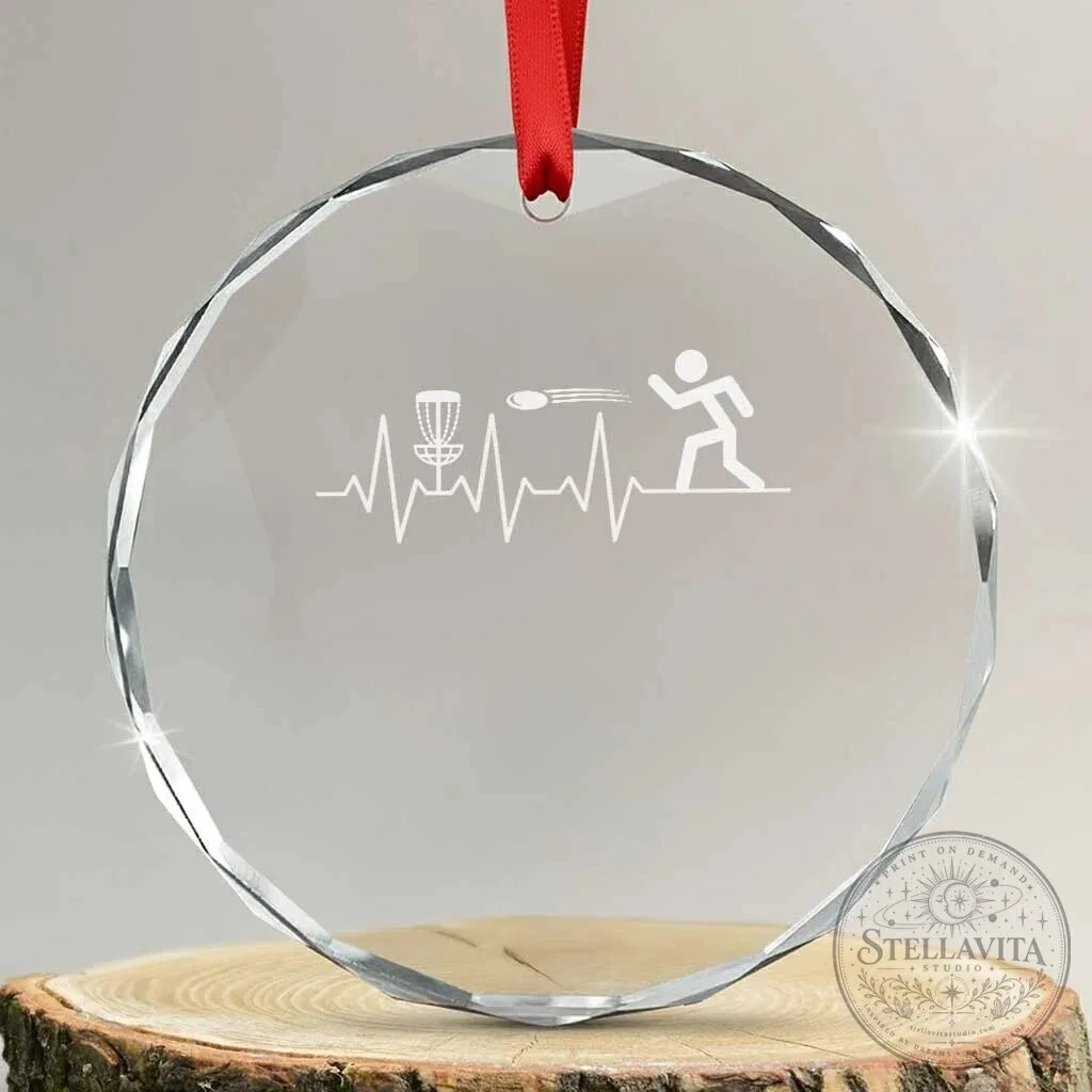 Disc Golf Heartbeat Crystal Glass Ornament for Frisbee Golf Player Gift