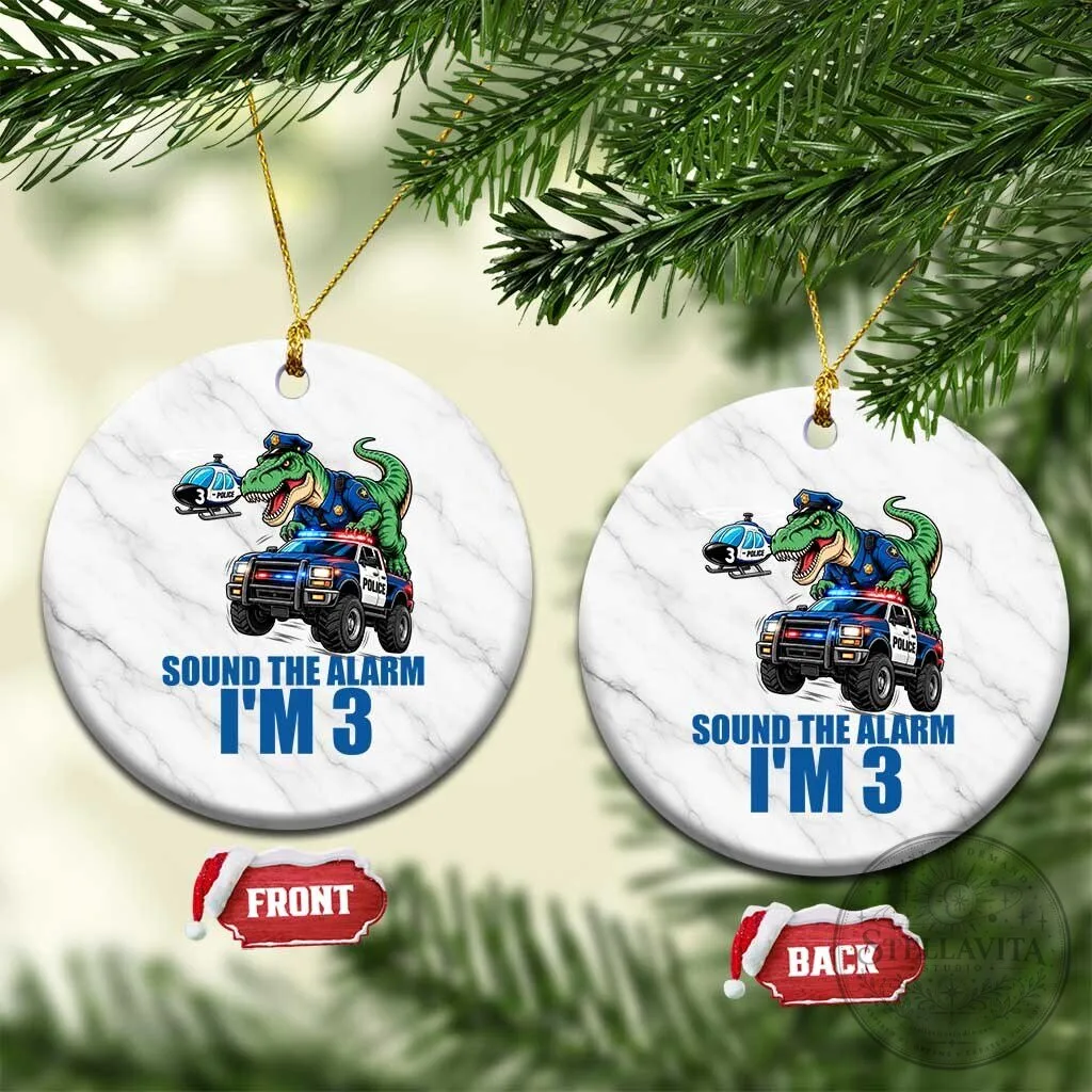 Police Car Dinosaur 3rd Birthday Sound The Alarm I Am 3 Ceramic Ornament