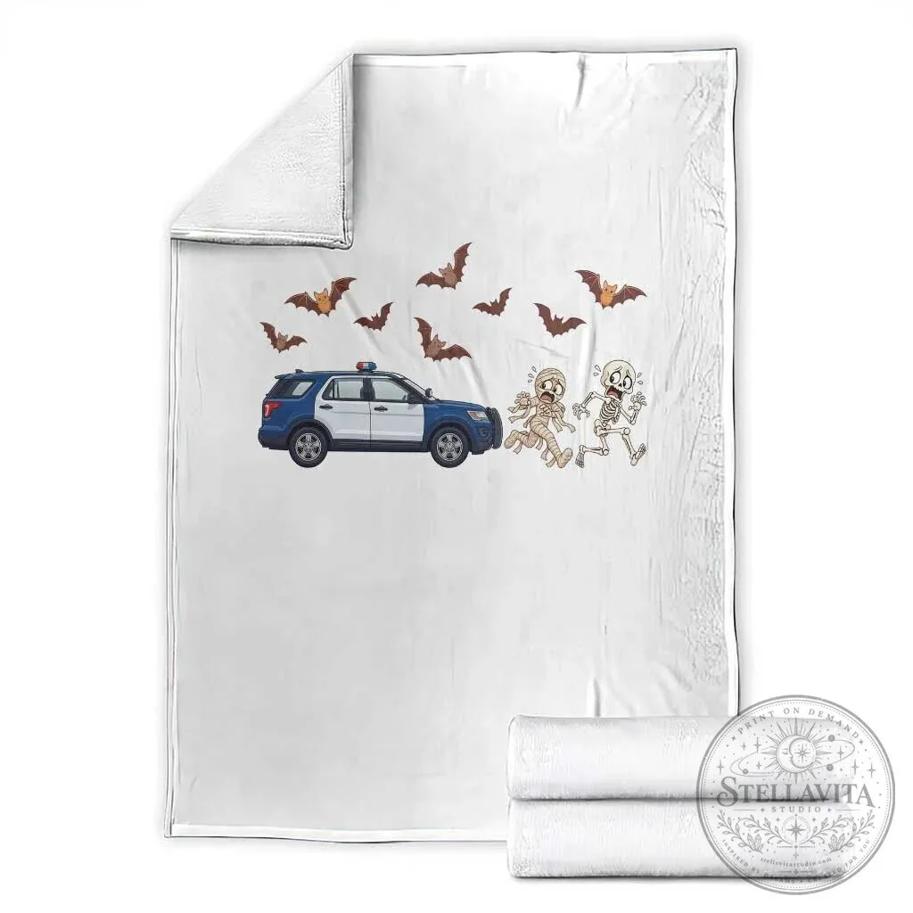 Funny Police Car Chasing Skeleton Mummy Halloween Throw Blanket