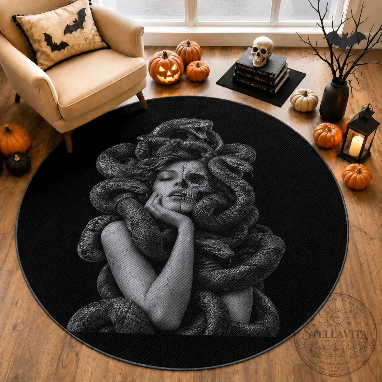 Vintage Medusa Half Skull Gothic Dark Fantasy Art Round Rug