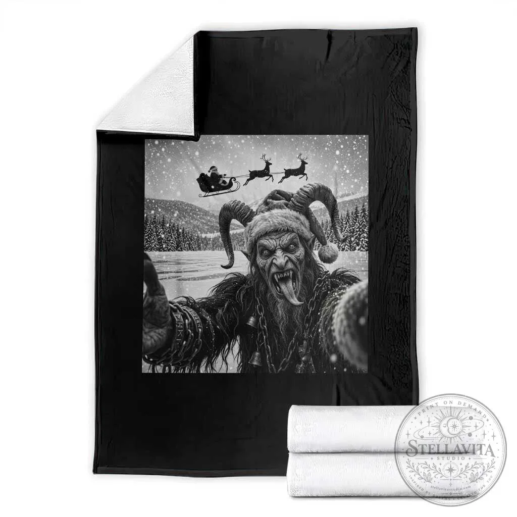 Krampus Photobomb Santa Sleigh Funny Christmas Gothic Dark Fantasy Throw Blanket