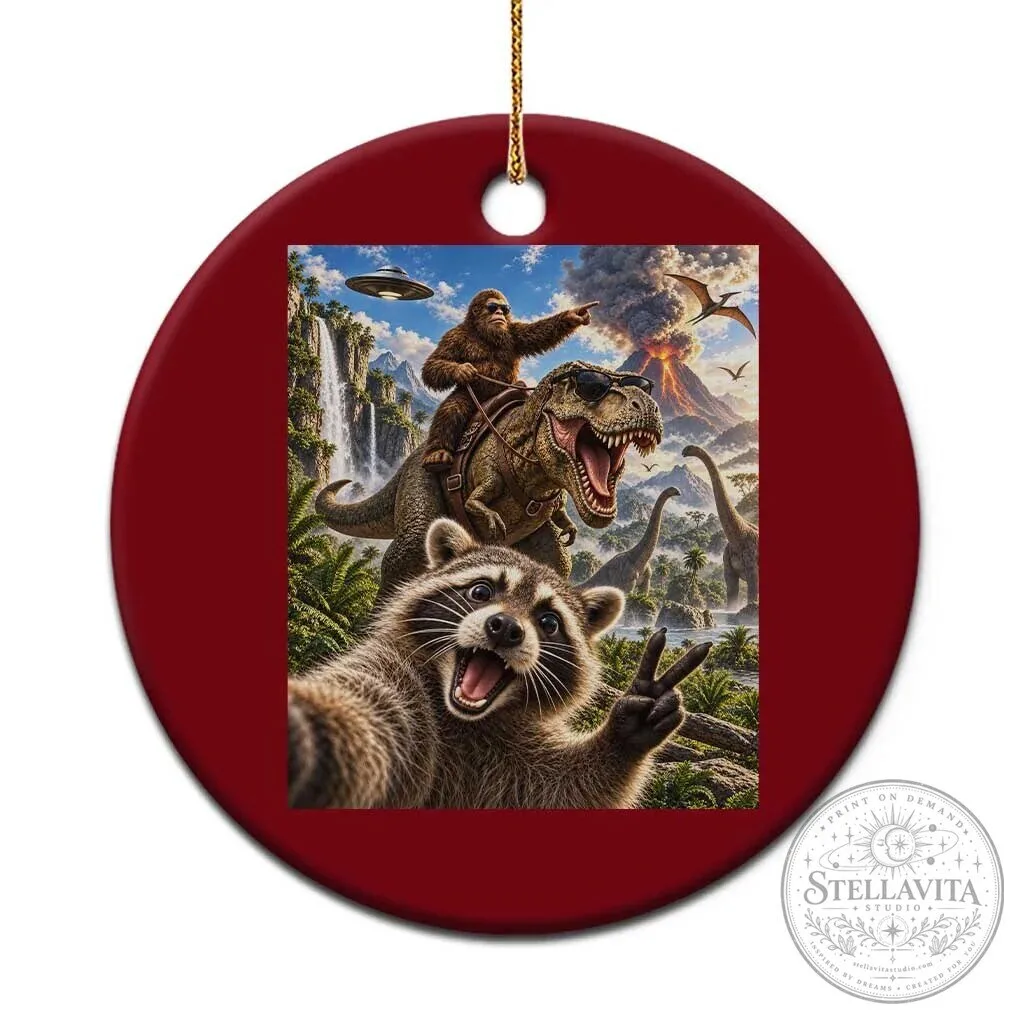 Funny Raccoon Selfie Bigfoot Riding Dinosaur UFO Prehistoric Christmas Ornament