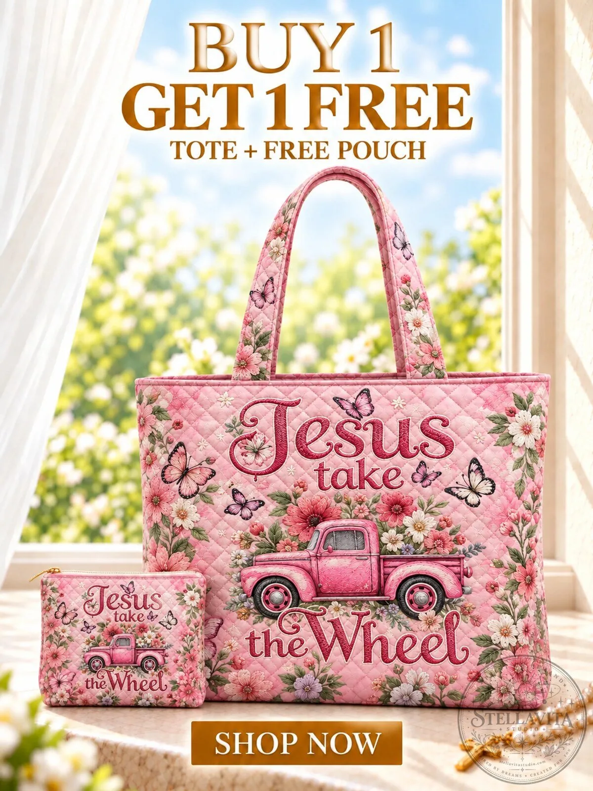 Jesus Take The Wheel Pink Floral Butterfly Quilted Tote Bag