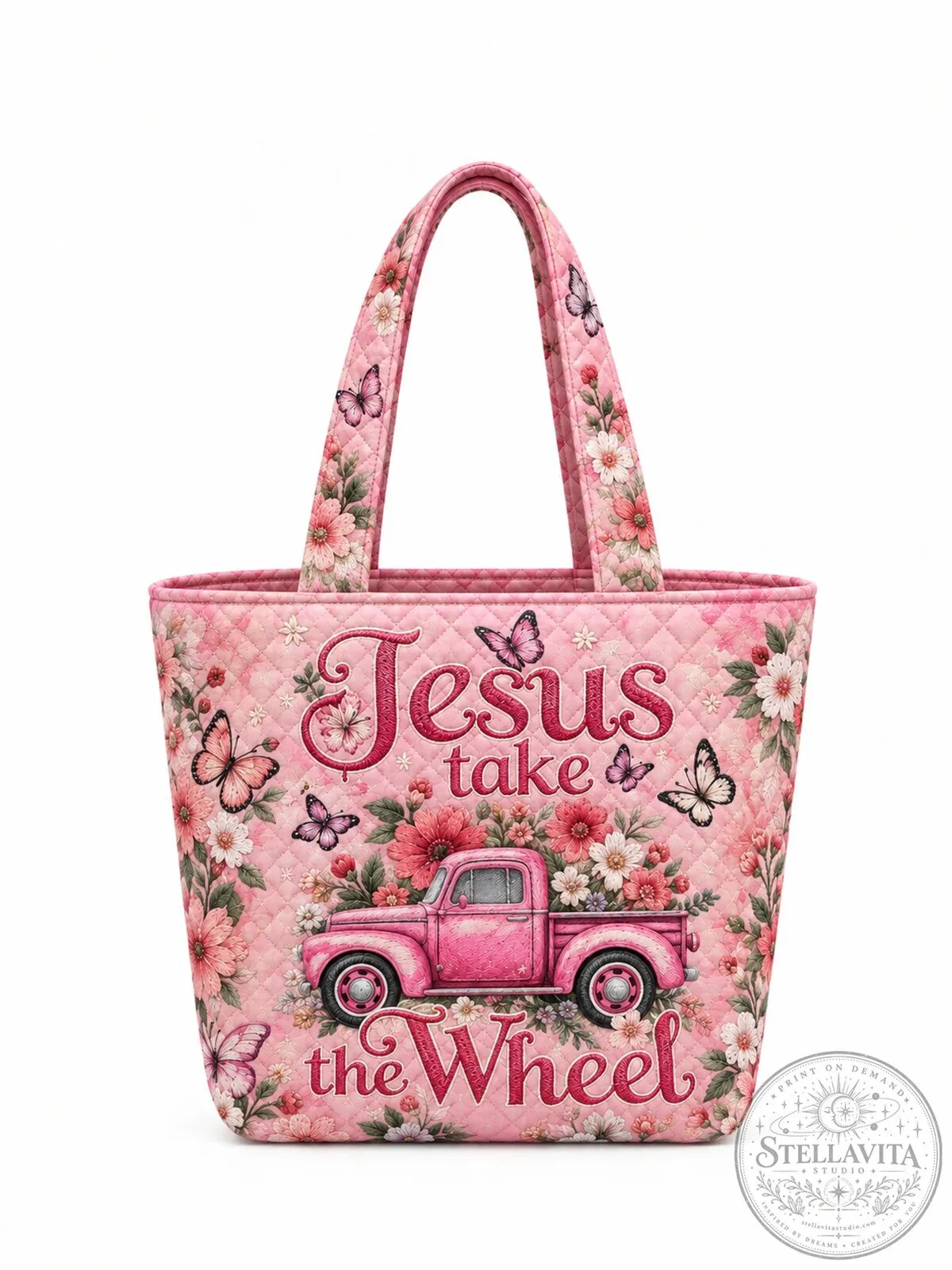 Jesus Take The Wheel Pink Floral Butterfly Quilted Tote Bag 10 Jesus Take The Wheel Pink Floral Butterfly Quilted Tote Bag