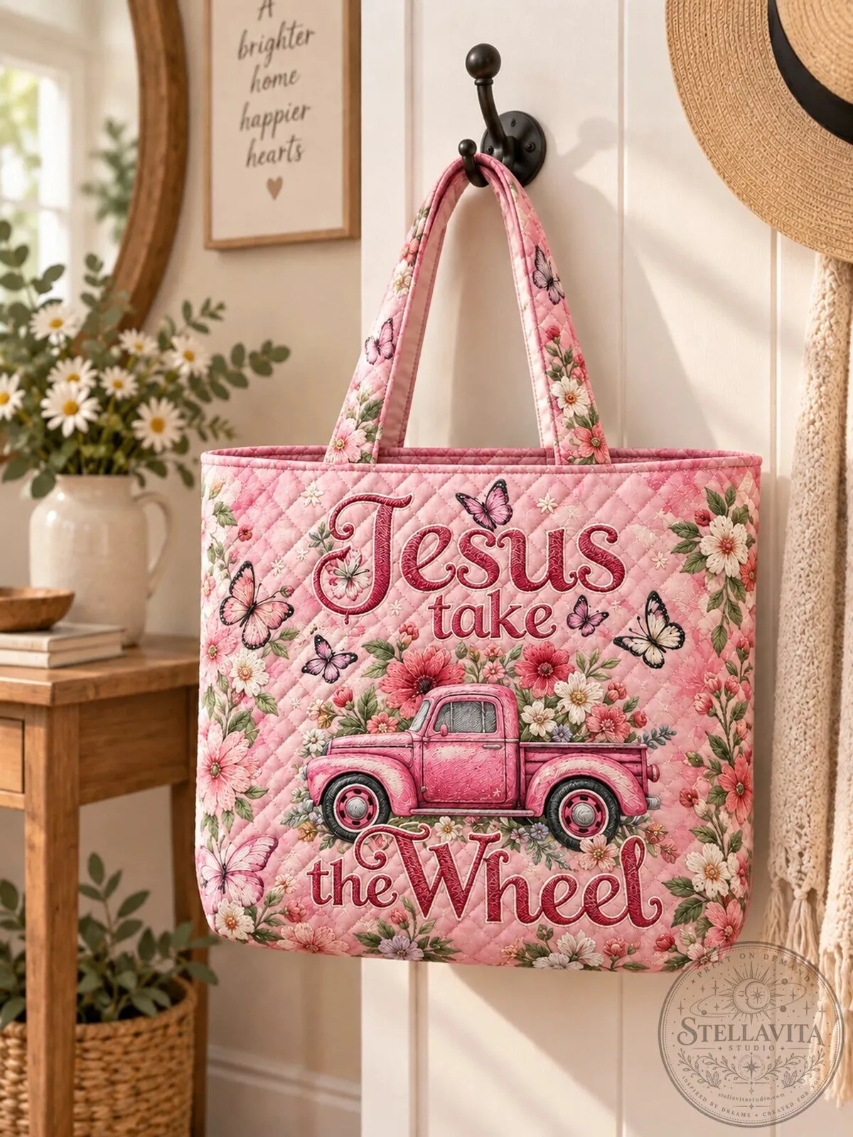 Jesus Take The Wheel Pink Floral Butterfly Quilted Tote Bag 12 Jesus Take The Wheel Pink Floral Butterfly Quilted Tote Bag