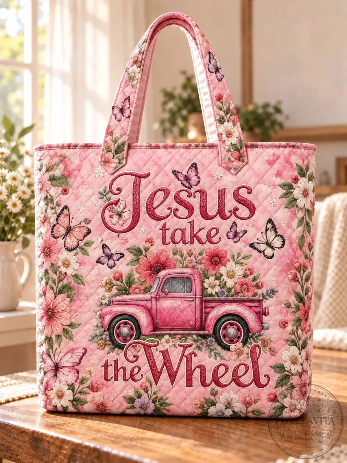 Jesus Take The Wheel Pink Floral Butterfly Quilted Tote Bag 13 Jesus Take The Wheel Pink Floral Butterfly Quilted Tote Bag