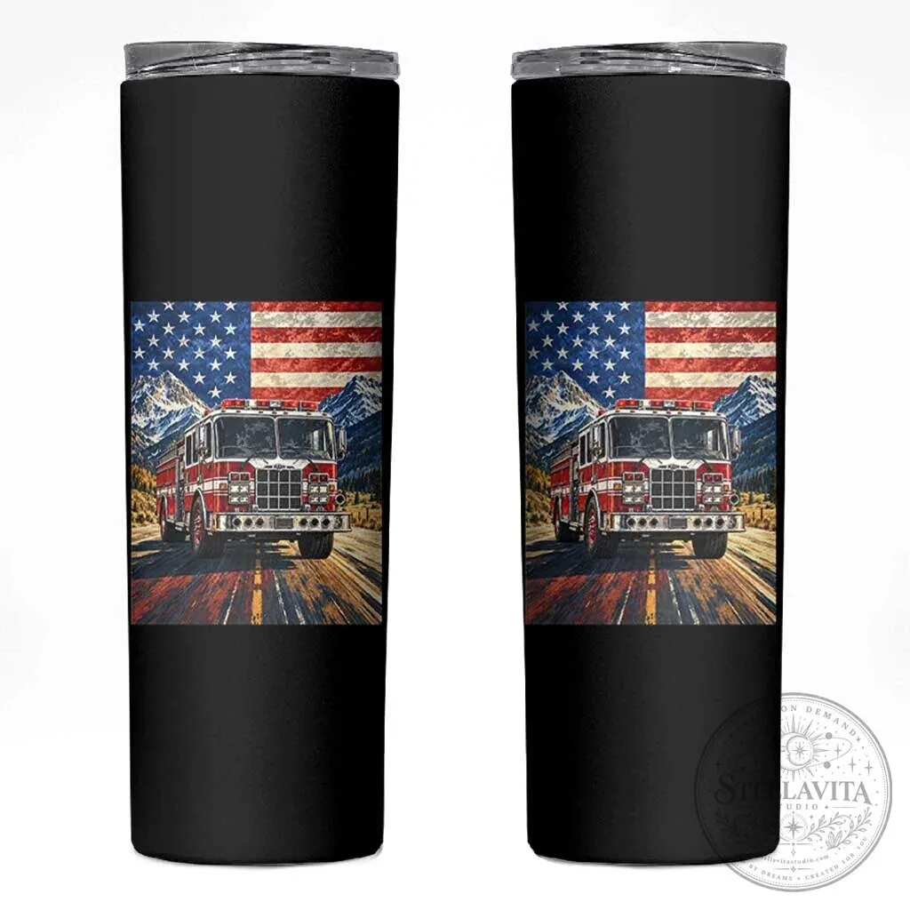 Firefighter Fire Truck American Flag Mountains Skinny Tumbler Gift