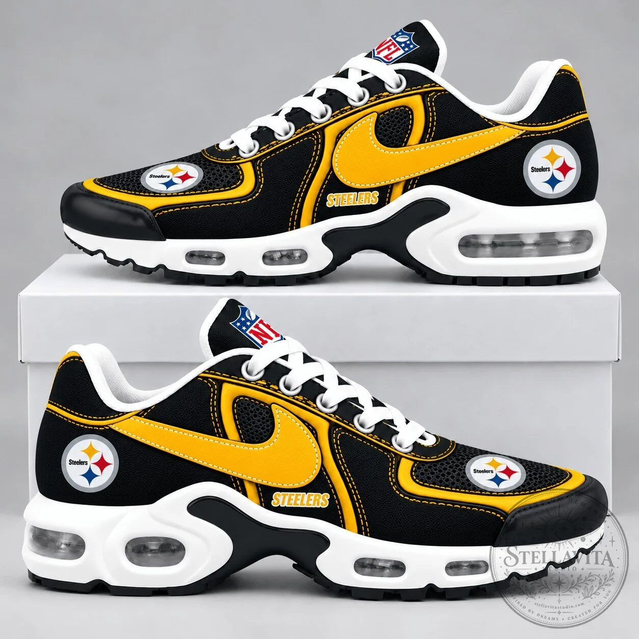 Pittsburgh Steelers NFL Black and Yellow Team Logo Athletic Sneakers Shoes 1 Pittsburgh Steelers NFL Black and Yellow Team Logo Athletic Sneakers Shoes