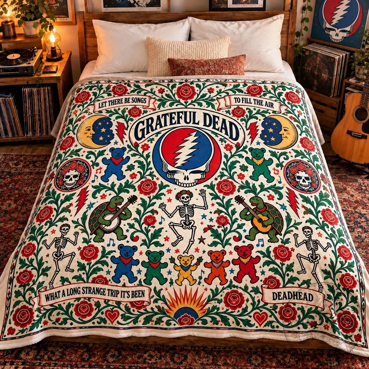 Grateful Dead Steal Your Face Dancing Bears and Roses Fleece Blanket 6 Grateful Dead Steal Your Face Dancing Bears and Roses Fleece Blanket