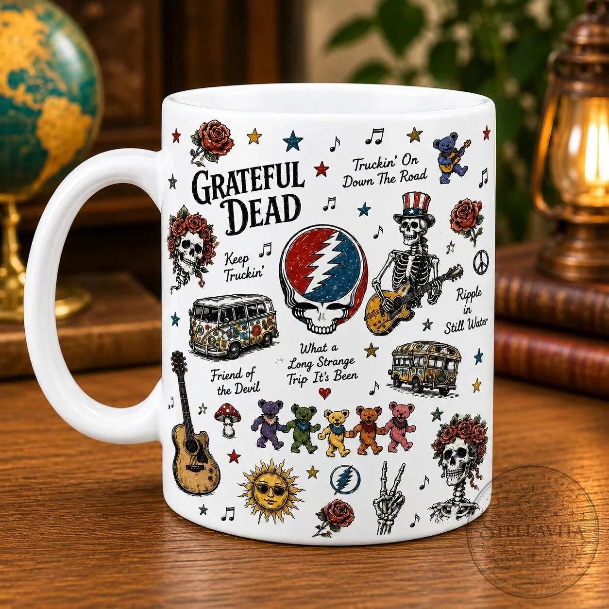 Grateful Dead Sketch Icon Collage Coffee Mug, Steal Your Face Dancing Bears Cup
