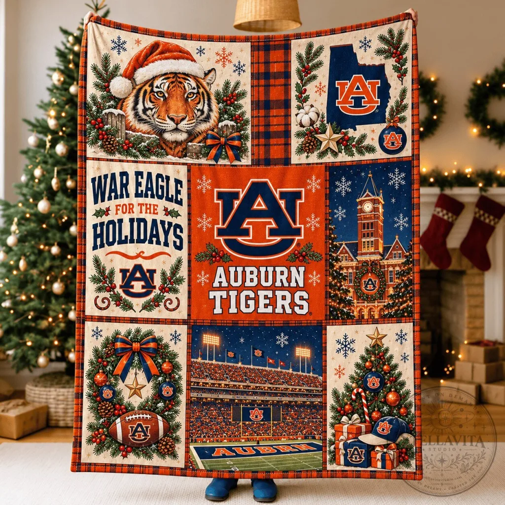 Auburn Tigers Christmas Holiday Quilted Blanket Auburn Tigers Christmas Holiday Quilted Blanket