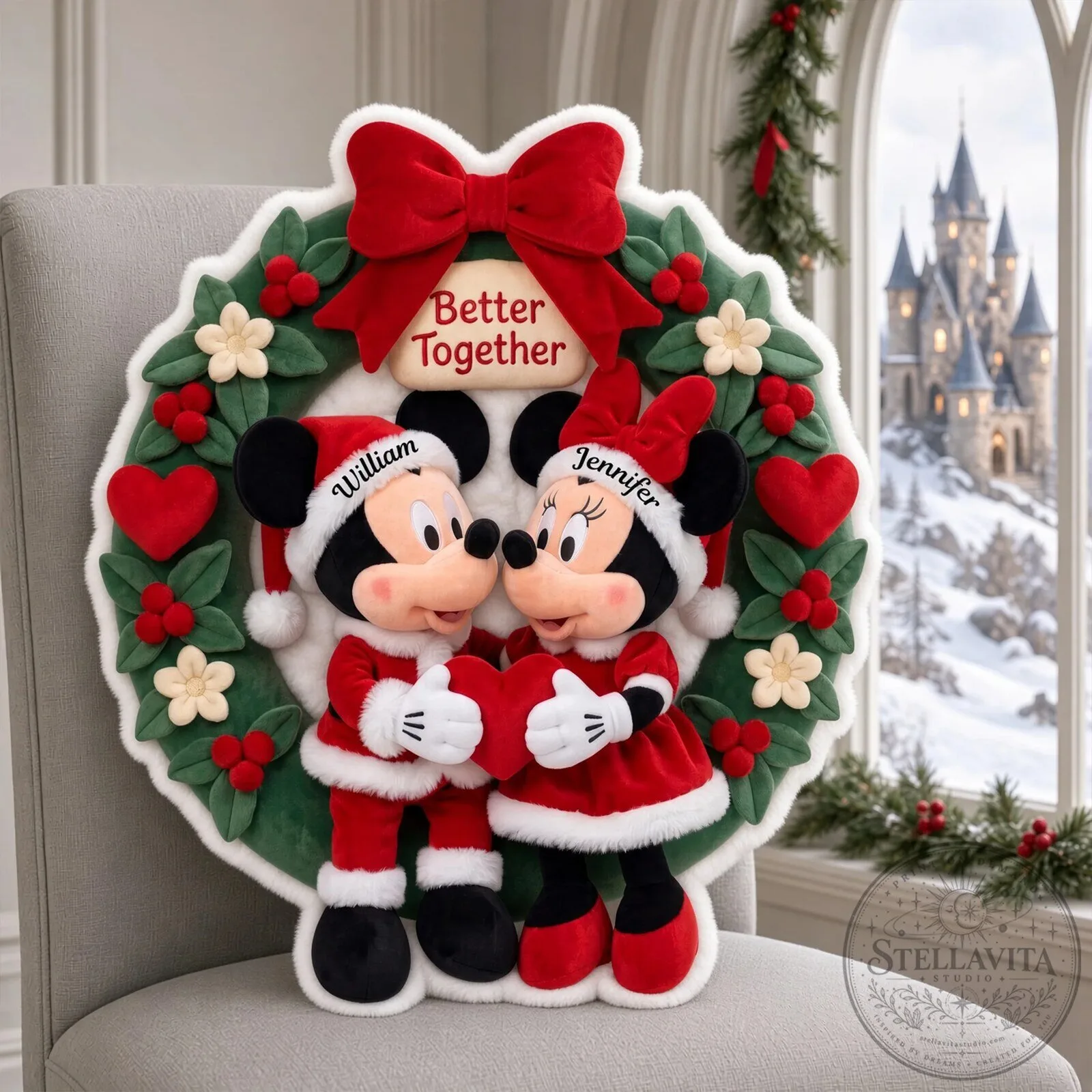 Personalized Mickey and Minnie Mouse Christmas Wreath Pillow for Couples 6 Personalized Mickey and Minnie Mouse Christmas Wreath Pillow for Couples